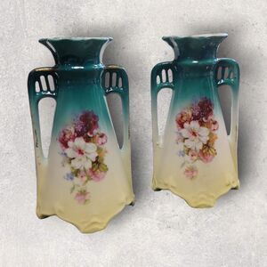 Pair Vintage Czechoslovakian Double Handle Bud Vases Hand Painted Roses Teal